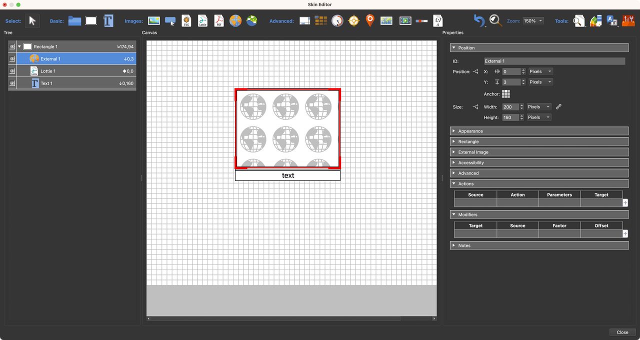 Rectangle, Text Box, External Image Loader aligned.